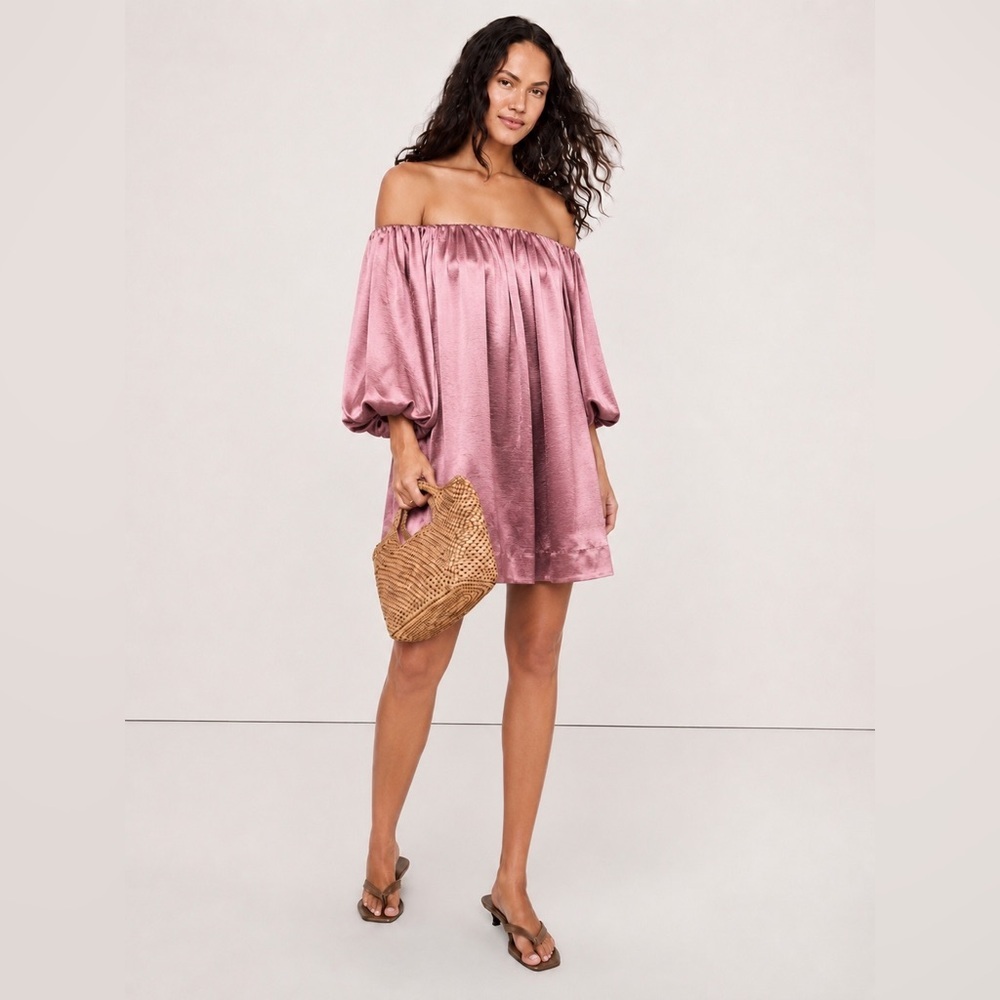 NWT! Anthropologie Mare Mare Off-The-Shoulder Puff-Sleeve Shine Mini Dress 🪨
